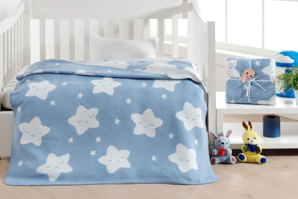 Dolce Bonita Home Pamuklu Çift Taraflı Bebek Battaniye 100x120 Star Açık Mavi ürün görseli 1
