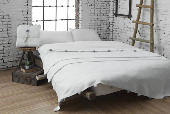 Dolce Bonita Home Tek Kişilik Ponponlu Pike Battaniye 150x200 Krem ürün görseli 1