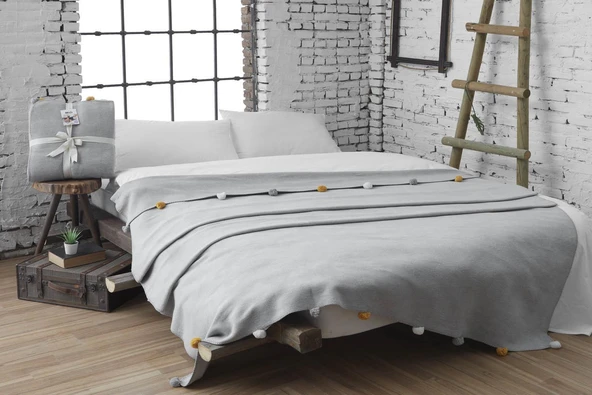 Dolce Bonita Home Tek Kişilik Ponponlu Pike Battaniye 150x200 Gri ürün görseli 1