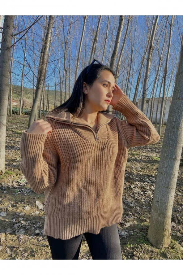 Kadın Fermuarlı Balıkçı Yaka Oversize Triko Kazak ürün görseli 1