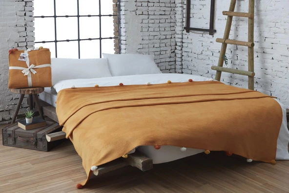 Dolce Bonita Home Çift Kişilik Ponponlu Pike Battaniye 200x220 Hardal ürün görseli 1