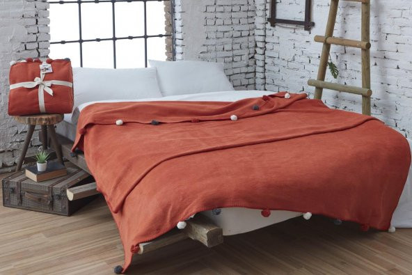 Dolce Bonita Home Çift Kişilik Ponponlu Pike Battaniye 200x220 Kiremit ürün görseli 1