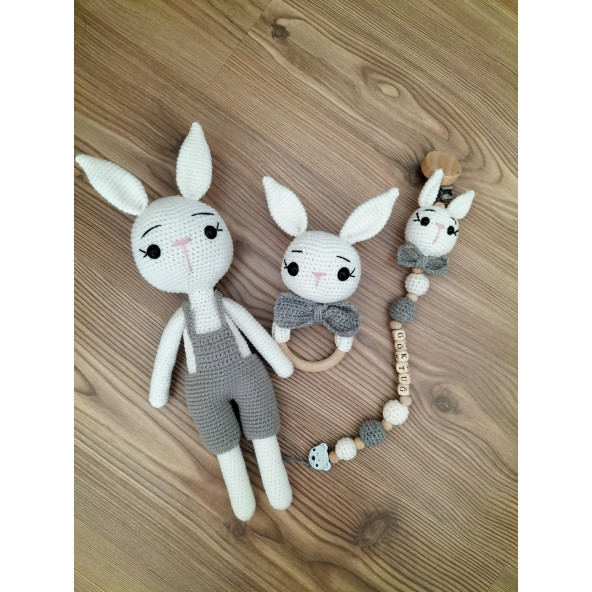 PTTAVM: Amigurumi Erkek Tavşan Çıngırak seti İsme Özel Emzik