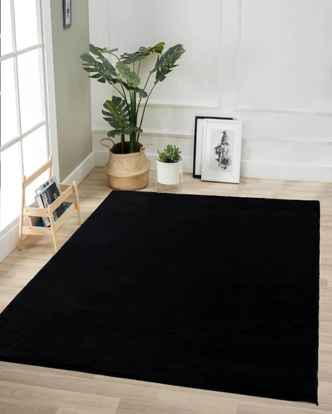 Jassrug Tavşan Tüyü Kürk Halı 160x220 Siyah ürün görseli 1