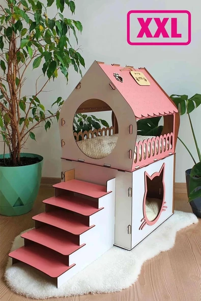 Büyük Kedi Evi Xxl Teraslı Kedi Evi 5kg Ve Üzeri Kediler Için XXL Pembe - Beyaz ürün görseli 1