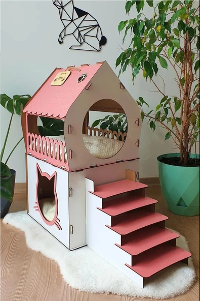 Dekoratif Ahşap Kedi Evi Teraslı 2 Katlı Merdivenli Kedi Evi Pembe - Beyaz ürün görseli 1