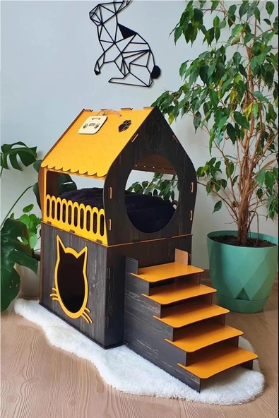 Dekoratif Ahşap Kedi Evi Teraslı 2 Katlı Merdivenli Kedi Evi Turuncu - Koyu Kahverengi ürün görseli 1