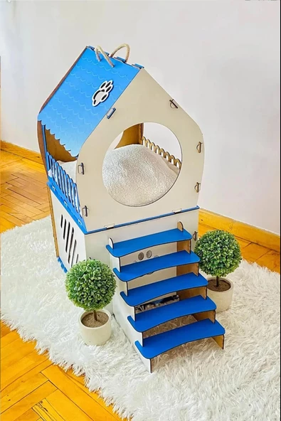 Dekoratif Ahşap Kedi Evi Teraslı 2 Katlı Merdivenli Kedi Evi Mavi - Beyaz ürün görseli 1