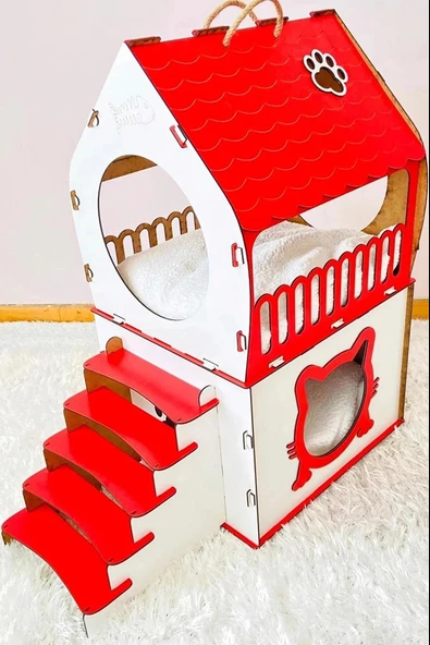 Dekoratif Ahşap Kedi Evi Teraslı 2 Katlı Merdivenli Kedi Evi Kırmızı - Beyaz ürün görseli 1
