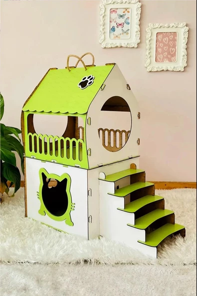 Dekoratif Ahşap Kedi Evi Teraslı 2 Katlı Merdivenli Kedi Evi Yeşil - Beyaz ürün görseli 1
