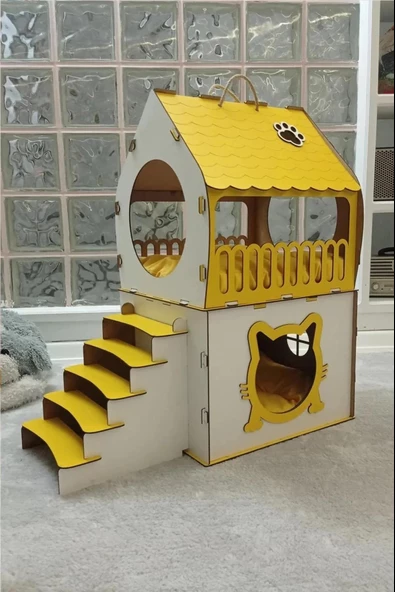 Dekoratif Ahşap Kedi Evi Teraslı 2 Katlı Merdivenli Kedi Evi Sarı - Beyaz ürün görseli 1