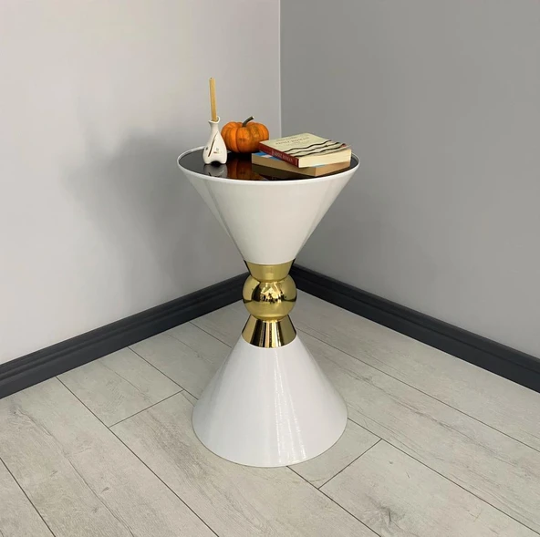 Piramit Dekoratif Beyaz Gold Sehpa ürün görseli 1