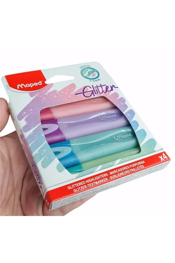 Maped Fosforlu Kalem Glitter Pastel Kesik Uçlu 1-5mm 4 Renk Fosforlu İşaretleme Kalemi ürün görseli 1