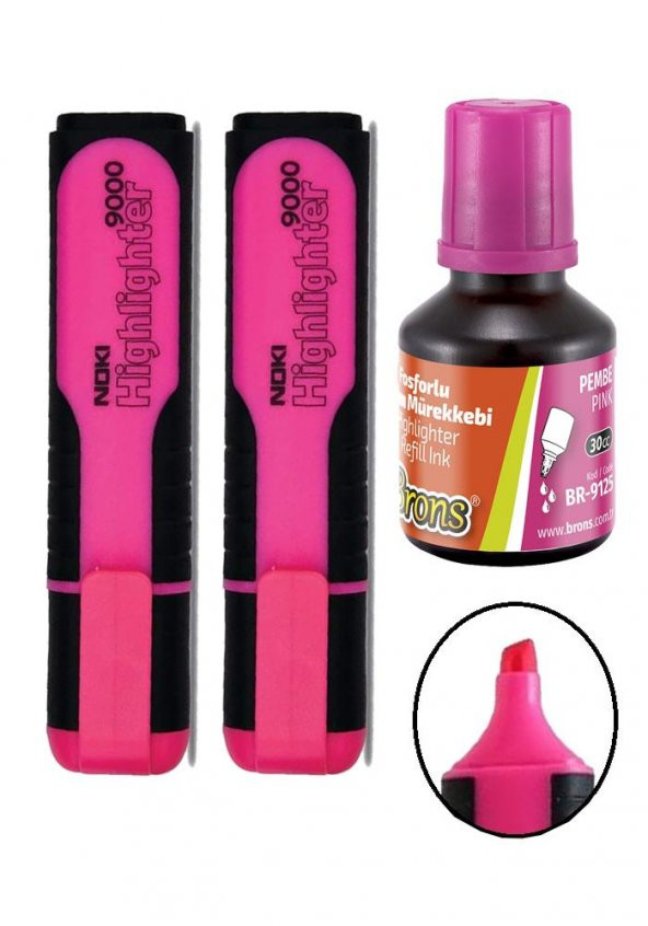 Fosforlu İşaret Kalemi Pembe Doldurulabilir 2 Adet ve Mürekkebi 30ml 1 Adet Fosforlu Neon Kalem ürün görseli 1