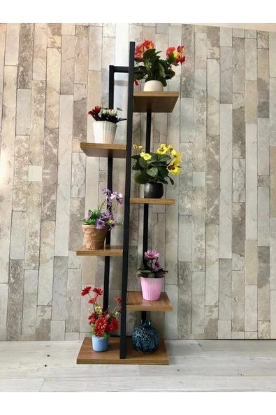 adımshops Siyah Metal Çerçeveli, Ahşap Raflı 6 Bölmeli Çiçeklik ürün görseli 1