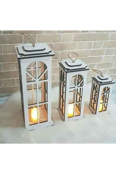 adımshops Dekoratif Ahşap Üçlü Fener ürün görseli 1