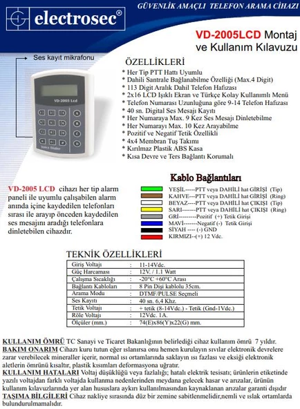 Electrosec VD-2005 Lcd Telefon Arama Modülü - Resim 2