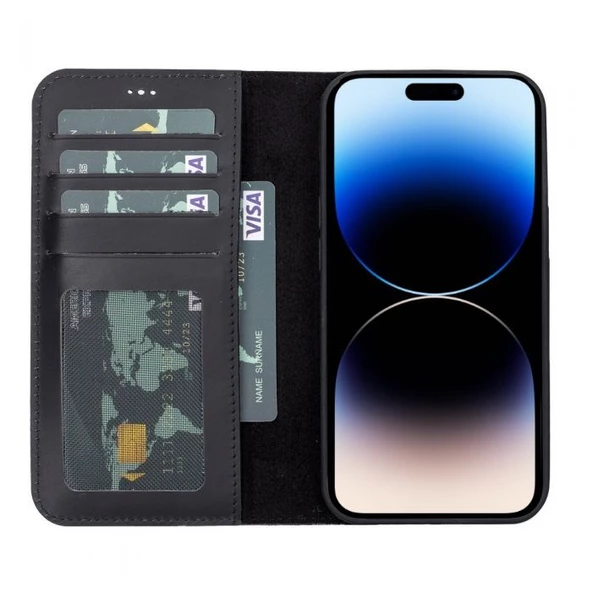 Smcase iPhone 14 Pro Max Kılıf Hakiki Deri Standlı Mıknatıslı Cüzdan ürün görseli 1
