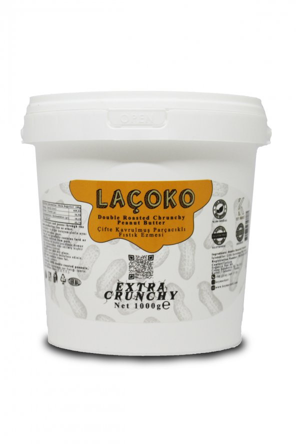 Laçoko Kova Şekersiz Katkısız Glutensiz Vegan Doğal Çifte Kavrulmuş Parçacıklı Extra Crunchy Yer Fıstığı Ezmesi 1 KG ürün görseli 1