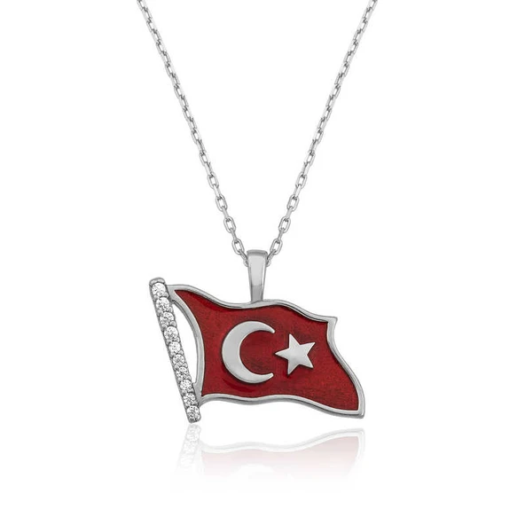 Gümüş Türk Bayrağı Bayan Kolye SL1269 - Resim 2