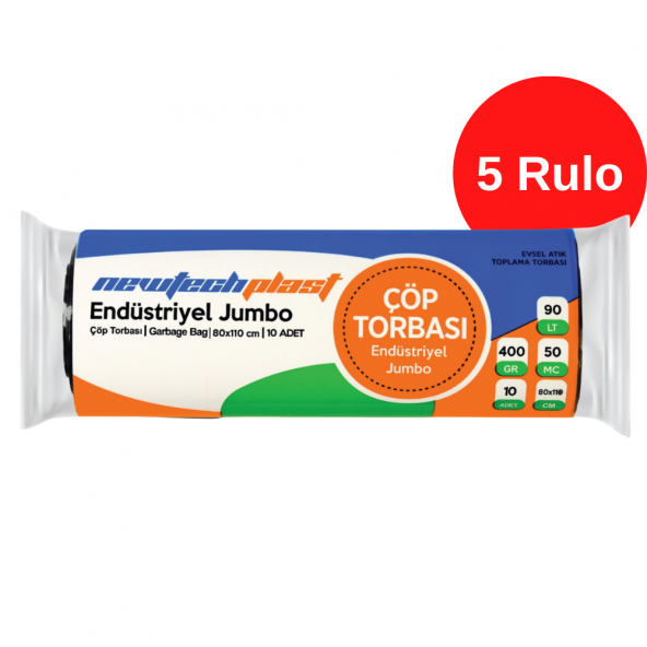 Newtechplast Endüstriyel Jumbo Boy Çöp Torbası, Siyah, 80 x 110 cm., 400 gr., 5 Rulo ürün görseli 1