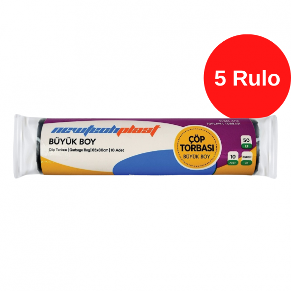 Newtechplast Büyük Boy Çöp Torbası, Siyah, 65 x 80 cm., 5 Rulo ürün görseli 1
