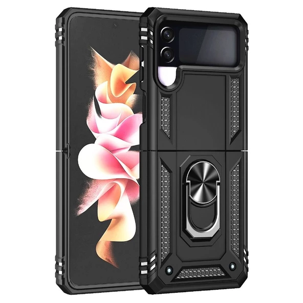 Smcase Samsung Galaxy Z Flip4 Kılıf Vega Yüzüklü Çift Katmanlı Tank Kılıf ürün görseli 1