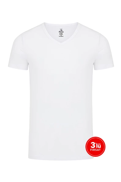 Erkek Modal V Yaka Tshirt 3'lü Paket - Beyaz ürün görseli 1