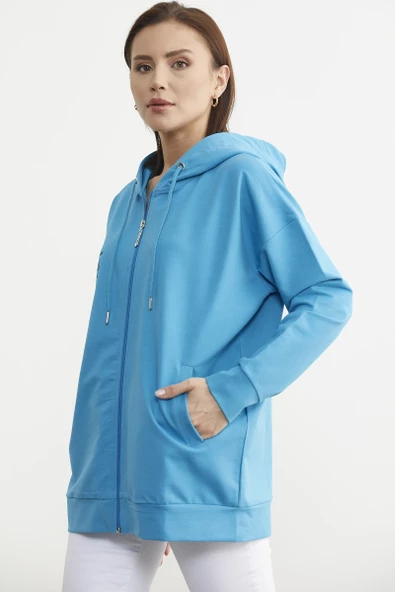 Fermuarlı Oversize Sweat - Mavi - Resim 2