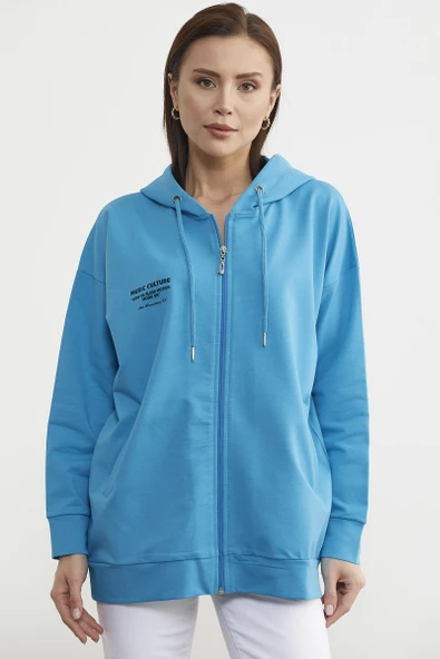 Fermuarlı Oversize Sweat - Mavi - Resim 3