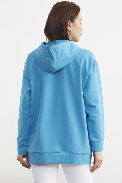 Fermuarlı Oversize Sweat - Mavi - Resim 4