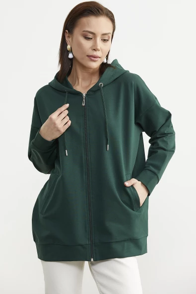 Fermuarlı Oversize Sweat - Yeşil - Resim 3