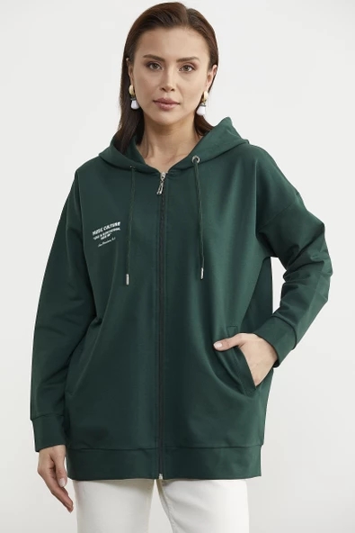 Fermuarlı Oversize Sweat - Yeşil - Resim 2