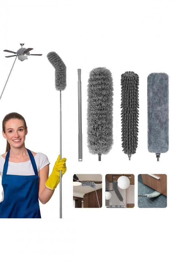 (3 FARKLI BAŞLIKLI) Mikrofiber Anti-statik Bükülebilir Teleskopik Köşe Bucak Toz Alma Püskülü ürün görseli 1