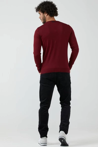 Erkek V Yaka Basic Triko Kazak - Bordo - Resim 3