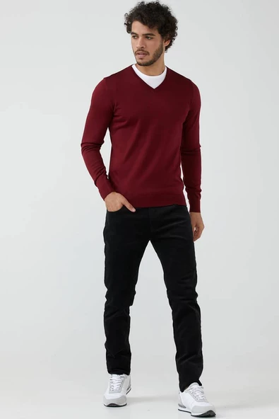 Erkek V Yaka Basic Triko Kazak - Bordo - Resim 2