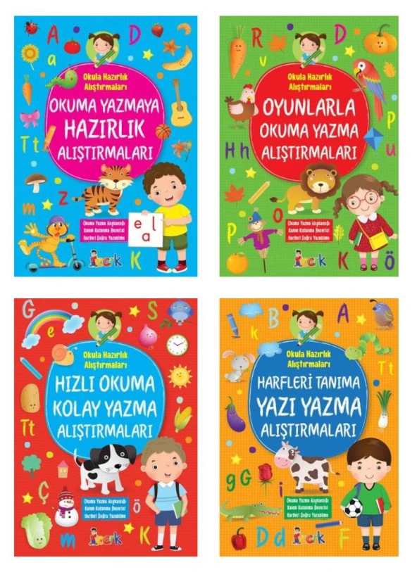Okula Hazırlık Alıştırmaları 4 Kitap (Hızlı Okuma + Harfleri Tanıma + Oyunlarla Okuma Yazma + Okuma Yazmaya Hazırlık) ürün görseli 1