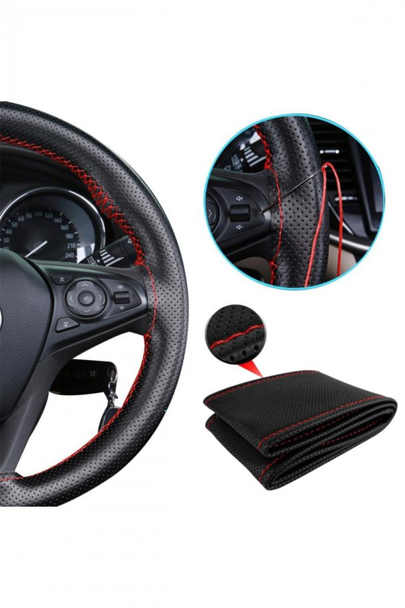 GARDENAUTO Kia Picanto Deri Direksiyon Kılıfı Dikmeli Delikli Kırmızı Dikişli ürün görseli 1