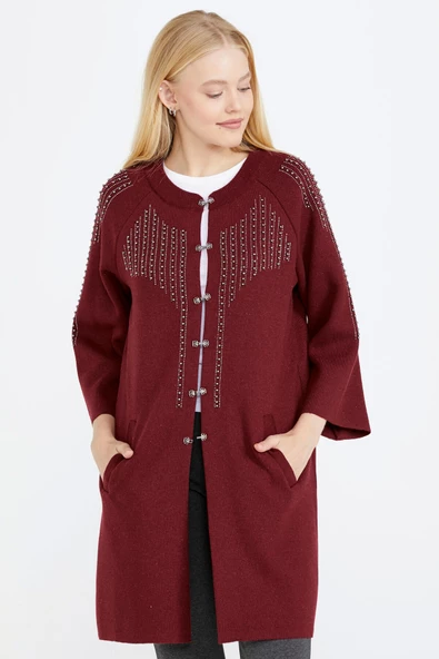 Kadın Taşlı Agraflı Triko Ceket - Bordo ürün görseli 1