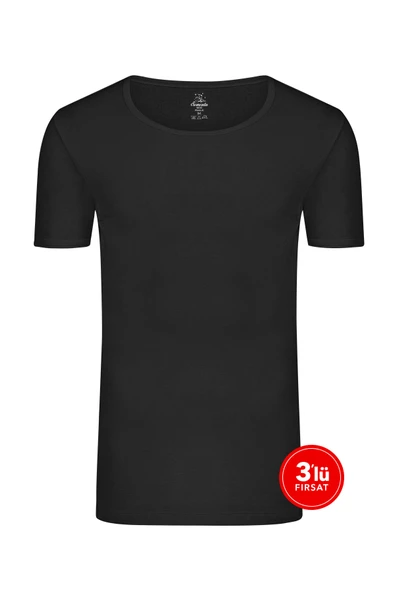Erkek Pamuklu Sıfır Yaka Tshirt 3'lü Paket - Siyah ürün görseli 1