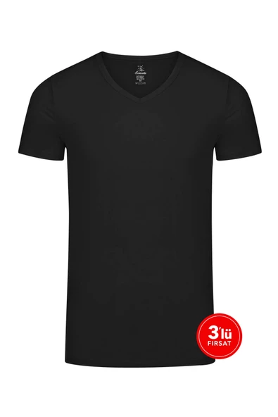Erkek Modal V Yaka Tshirt 3'lü Paket - Siyah ürün görseli 1