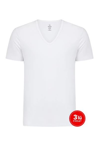 Erkek Modal Derin V Yaka Tshirt 3'lü Paket - Beyaz ürün görseli 1