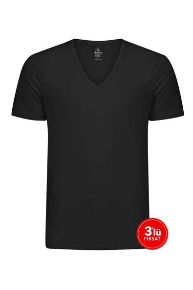 Erkek Modal Derin V Yaka Tshirt 3'lü Paket - Siyah ürün görseli 1