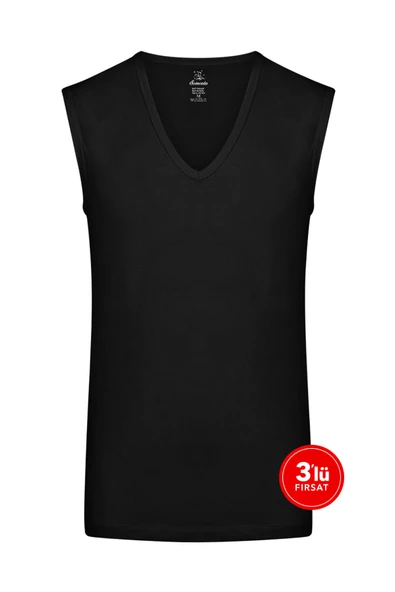 Erkek Modal Derin V Yaka Kolsuz Tshirt 3'lü Paket - Siyah ürün görseli 1