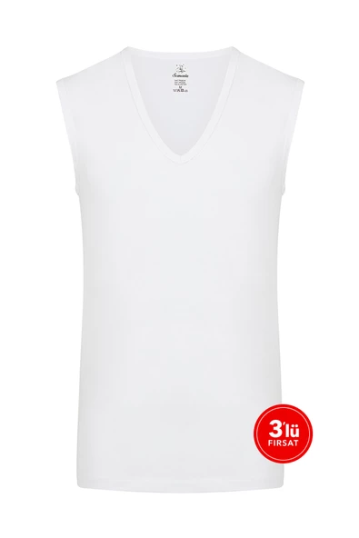 Erkek Modal Derin V Yaka Kolsuz Tshirt 3'lü Paket - Beyaz ürün görseli 1