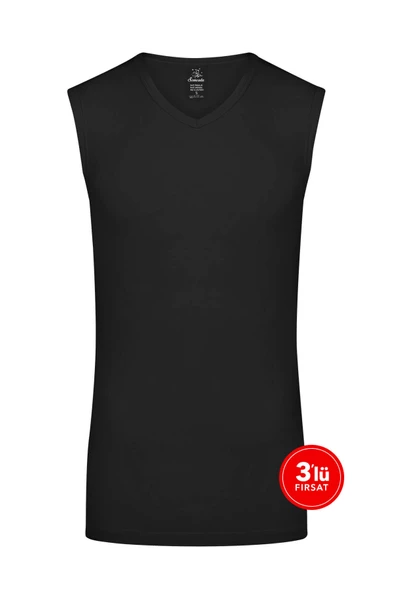 Erkek Modal V Yaka Kolsuz Tshirt 3'lü Paket - Siyah ürün görseli 1