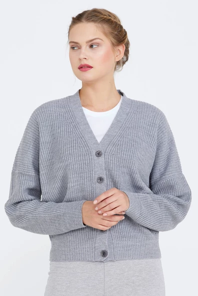 V Yaka Basic Triko Hırka - Gri - Resim 2