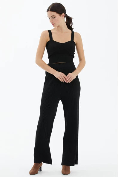 Fitilli Triko Pantolon - Siyah - Resim 2