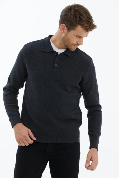 Polo Yaka Düğmeli Triko Kazak - Antrasit ürün görseli 1