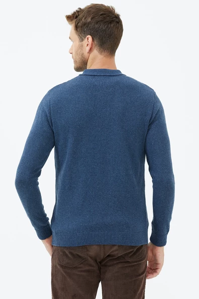 Polo Yaka Düğmeli Triko Kazak - Indigo - Resim 4